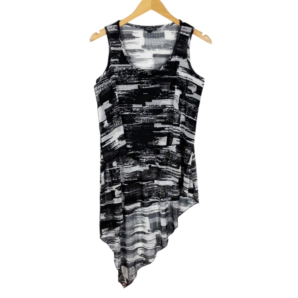Dor Dor Couture Top Size Medium Black White Print Mesh Asymmetrical Sleeveless - Picture 1 of 6